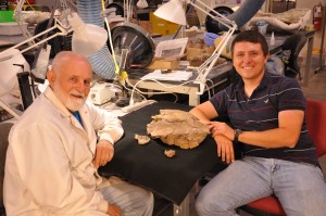 Fossil preparator Jerry Golden and doctoral student Joshua Lively display the 76-million-year-old turtle fossil Arvinachelys goldeni.