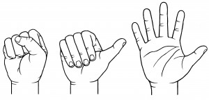 Illustration of a clenched or buttressed fist, an open fist and an open hand. Cadaver arms were positioned in these three ways to punch or slap a padded weight in University of Utah experiments that backed the idea that natural selection shaped human hand proportions not only for manual dexterity, but so men could fistfight over women. A clenched fist protects the hand from injury better than the other two positions.