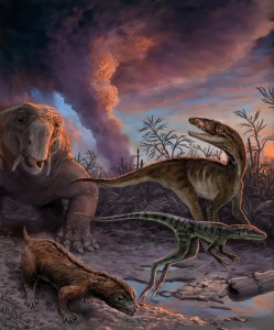 Animals escaping from an erupting volcano 235 million years ago in northwestern Argentina. These species, found as fossils in the Chañares Formation, include early mammal relatives (the dicynodont Dinodontosaurus in the left background, and the cynodont Massetognathus in the left foreground) and early dinosaur precursors (Lewisuchus in the right background, and Lagerpeton in the right foreground). By measuring radioactive isotopes in zircons crystals from the volcanic ash, scientists were able to determine the precise age of this fossil assemblage.