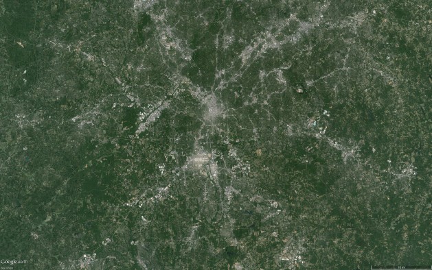 A Google Earth image of Atlanta, GA, which has a high sprawl score and low upward mobility.